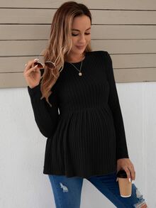 SHEIN Kaos Hamil Kasual Warna Polos dengan Hiasan Ruffle di Bagian Bawah, Bahan Rajut, Lengan Panjang, Motif Piala Dunia Musim Gugur - Hitam - View 6