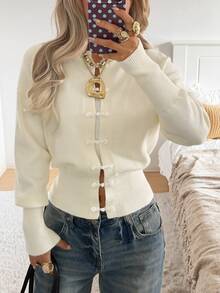 SHEIN EZwear Autumn/Winter High-Quality Knitted Cardigan With Frog Buttons - White - View 5