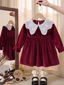 SHEIN Baby Girl Velvet Thick Long Sleeve Ruched Waist Lace Embroidered Peter Pan Collar Loose Long Dress Suitable For Winter Christmas - Burgundy - View 4