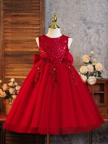 SHEIN Glamorique Kids 女童薄紗亮片刺繡洋裝，生日派對 7 歲生日、婚禮、花童、公主風嬰兒紅色秋季婚禮禮服 - 酒紅色 - 查看 1
