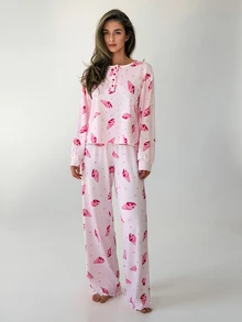Livesso Women's All-Over Print Long Sleeve Top And Pants Casual Daily Pajama Set - White - View 4