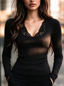 SHEIN Women's Lace Patchwork Fitted Versatile Daily Long Sleeve Top - Black - View 1