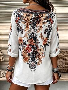 SHEIN LUNE 大尺碼女款刺繡缺口V領捲袖休閒襯衫 秋季 - 彩色 - 查看 2