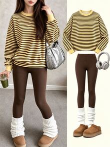 Setelan Sweatshirt dan Legging Leher Bulat Bergaris Horizontal Warna Blok Kuning Hitam Abu-abu untuk Anak Perempuan Remaja Musim Gugur/Dingin - MultiWarna - View 1