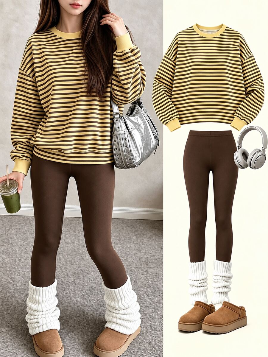 Setelan Sweatshirt dan Legging Leher Bulat Bergaris Horizontal Warna Blok Kuning Hitam Abu-abu untuk Anak Perempuan Remaja Musim Gugur/Dingin - MultiWarna - View 1