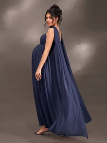 Cheriluna Maternity Elegant Ruffle Detail Solid Color Off-Shoulder Sleeveless Maternity Dress For Baby Shower, Christmas Party - Royal Blue - View 8