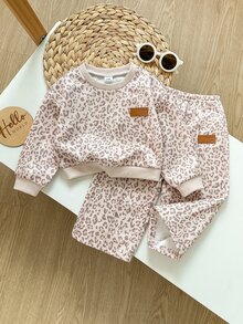 SHEIN 女童可愛休閒豹紋圓領長袖運動衫套裝 - 彩色 - 查看 7