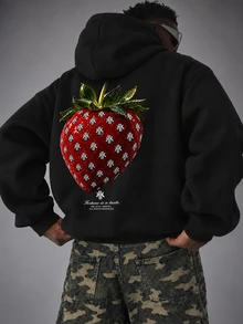 Men's Strawberry Print Zip-Up Hoodie - Black - View 2