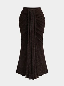 Sweetra CURVE Plus Size Women Elegant Elegant Elastic Silver Mesh Design Pleated Bodycon Long Skirt - Coffee Brown - View 1