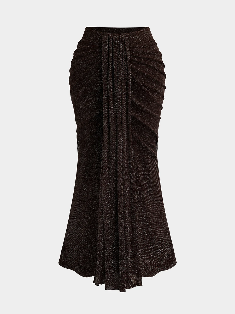 Sweetra CURVE Plus Size Women Elegant Elegant Elastic Silver Mesh Design Pleated Bodycon Long Skirt - Coffee Brown - View 1