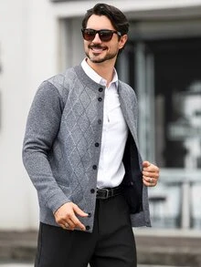 Marcello Vane كارديجان رجالي مبطن بنقشة الماس بصف واحد من الأزرار بياقة دائرية كاجوال - رمادي غامق - مشاهدة 3
