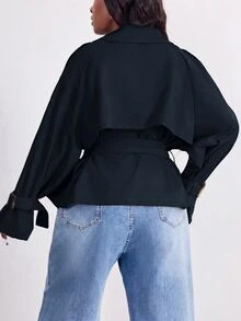 SHEIN PETITE CURVE 大尺碼女款純色插肩袖翻領休閒風衣，秋冬季 - 藏蓝色 - 查看 2