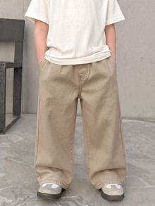 SHEIN Little Byeori 兒童青少年男孩咖啡棕色寬鬆舒適寬腿牛仔褲，萬聖節與黑色上學款 - 卡其色 - 查看 5