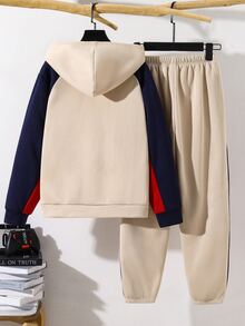 SHEIN 兒童青少年男孩休閒運動嘻哈風卡其色連帽衛衣與卡其色運動長褲套裝，適合秋冬、學校、家庭聚會、度假、派對，秋季穿搭、冬季穿搭，男孩套裝 - 彩色 - 查看 3