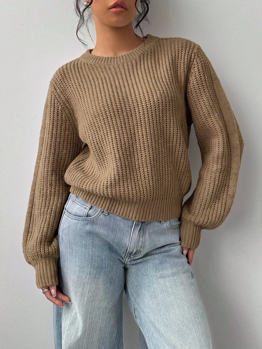 SHEIN BASICS 女款純色圓領寬鬆休閒毛衣 秋冬服飾 - 卡其色 - 查看 1