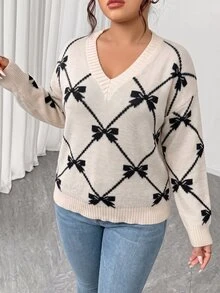 Elenzga Plus Size V-Neck Pullover Long Sleeve Sweater, Argyle Bow Soft Knit Loose Top, Autumn/Winter - Apricot - View 4