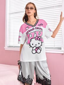HELLO KITTY AND FRIENDS | SHEIN 女款字母與卡通印花休閒日常短袖T恤 - 粉色 - 查看 5