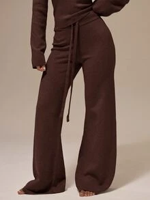 MUSERA ESSENTIALS 麻灰色自綁抽繩羅紋彈性腰寬腿長褲 針織基礎居家休閒日常必備褲 - 巧克力棕 - 查看 2