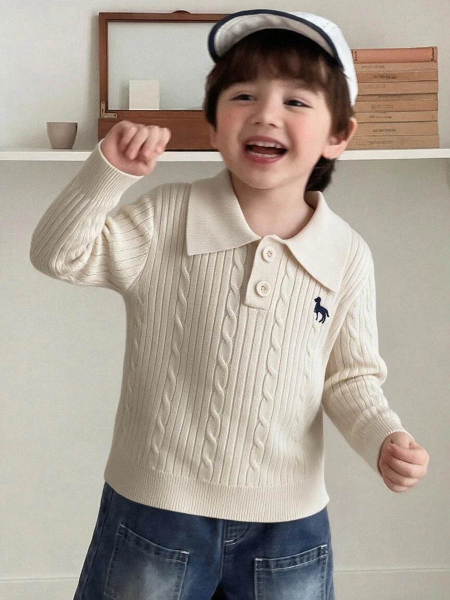 Dazy Kids Boys (Small) Turn-Down Collar POLO Neck Fitted Long Sleeve Autumn Sweater - Beige - View 1