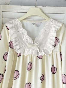 SHEIN Tween女孩卡通圖案蕾絲飾邊V領長袖寬鬆休閒甜美居家睡裙，度假休閒居家長袖卡通印花洋裝，秋季/冬季/四季皆宜 - 彩色 - 查看 4