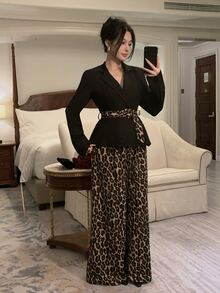 DAZY Women's Colorblock Long Sleeve Top And Leopard Print Skirt Casual 2 Pieces Set - Khaki - View 6