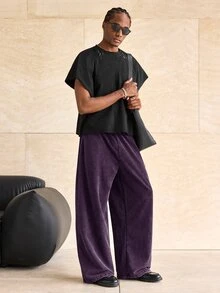 SWAVVY 男士春秋休閒寬鬆運動長褲 素色標準尺寸 灰色拼接設計 寬鬆大腿褲管 鬆垮版型 - 紫羅蘭色 - 查看 4