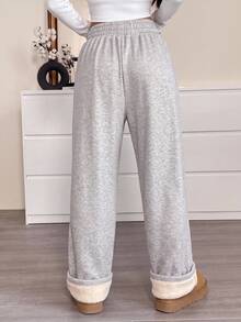 SHEIN EZwear 秋季新款女款加厚抓絨內裡純色抽繩休閒運動長褲，極簡時尚，適合日常穿著、登山、居家，淺灰色 - 灰色 - 查看 2