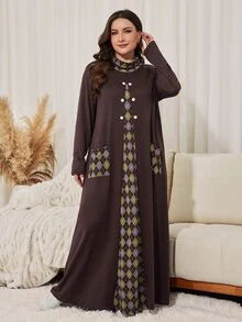 Lacomfia Minimalist Casual Solid Color Patchwork Geometric High Neck Long Sleeve Loose Regular Fit Spring Autumn Plus Size Dress - Chocolate Brown - View 5
