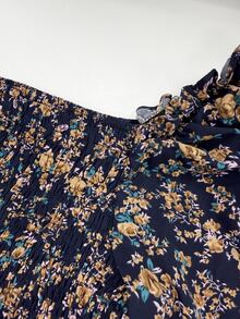 SHEIN Autumn/Winter Ditsy Ditsy Floral Square Neck Shirred Bust Asymmetrical Ruffle Hem Bohemian Country Boho Women's Long Dress Concert Vacation - Navy Blue - View 4