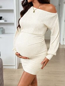 SHEIN 孕婦純色不對稱單肩休閒日常穿著夏季連身裙 秋冬休閒款 - 白色 - 查看 4