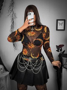 Whyspr Plus Size Halloween Mesh Digital Print Long Sleeve Women's Top - Multicolor - View 4