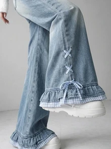 FRIFUL Women's Elastic Waist Casual Versatile Daily Wear Jeans Everyday School Light Blue Fall - Blue - View 9