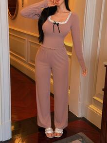 DAZY Women's Contrast Lace Bow Decor Long Sleeve Top And Long Pants Pajama Set - Dusty Pink - View 4