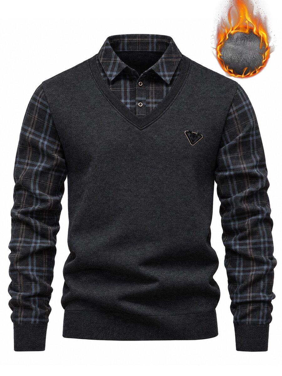Manfinity Homme 男士格子拼接保暖內裡長袖上衣,秋冬保暖 Polo 男士格子袖長袖上衣 - 黑色 - 查看 1