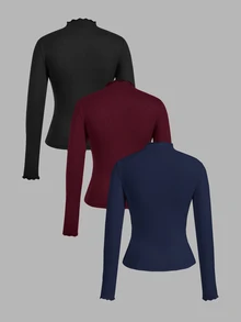 SHEIN EZwear 女款素色小立領長袖百搭休閒T恤（3件組） - 彩色 - 查看 2