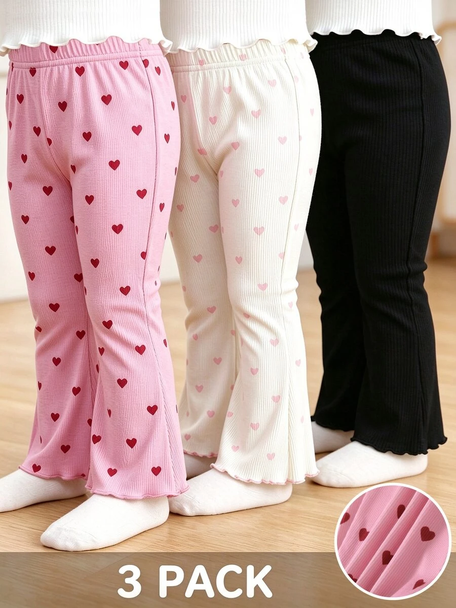 SHEIN Playful Pals 3 Packs Baby Girls Brushed Ribbed Long Pants, Simple Heart Print, Comfortable Stylish Autumn Winter Trousers For Outdoor Wear - Black and White - View 1