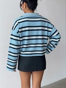 Aloruh 女款秋冬條紋 Polo 衫，復古 Y2K 風格休閒上衣，春季長袖秋季上衣 - 藍色 - 查看 2
