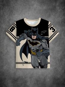 BATMAN X SHEIN 小男孩數位印花圓領短袖休閒T恤 - 白色 - 查看 4