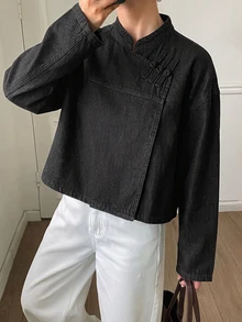 DAZY Women's Autumn Stand Collar Frog Button Long Sleeve Loose Solid Color Denim Fabric Dark Blue Contrast Stitching Chinese Style Denim Short Jacket - Black - View 4
