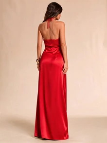 SHEIN BAE 純色巧克力棕蕾絲掛脖緞面洋裝，浪漫性感，適合約會、派對、正式場合、海灘婚禮、婚禮賓客禮服，春夏穿搭 - 紅色 - 查看 2