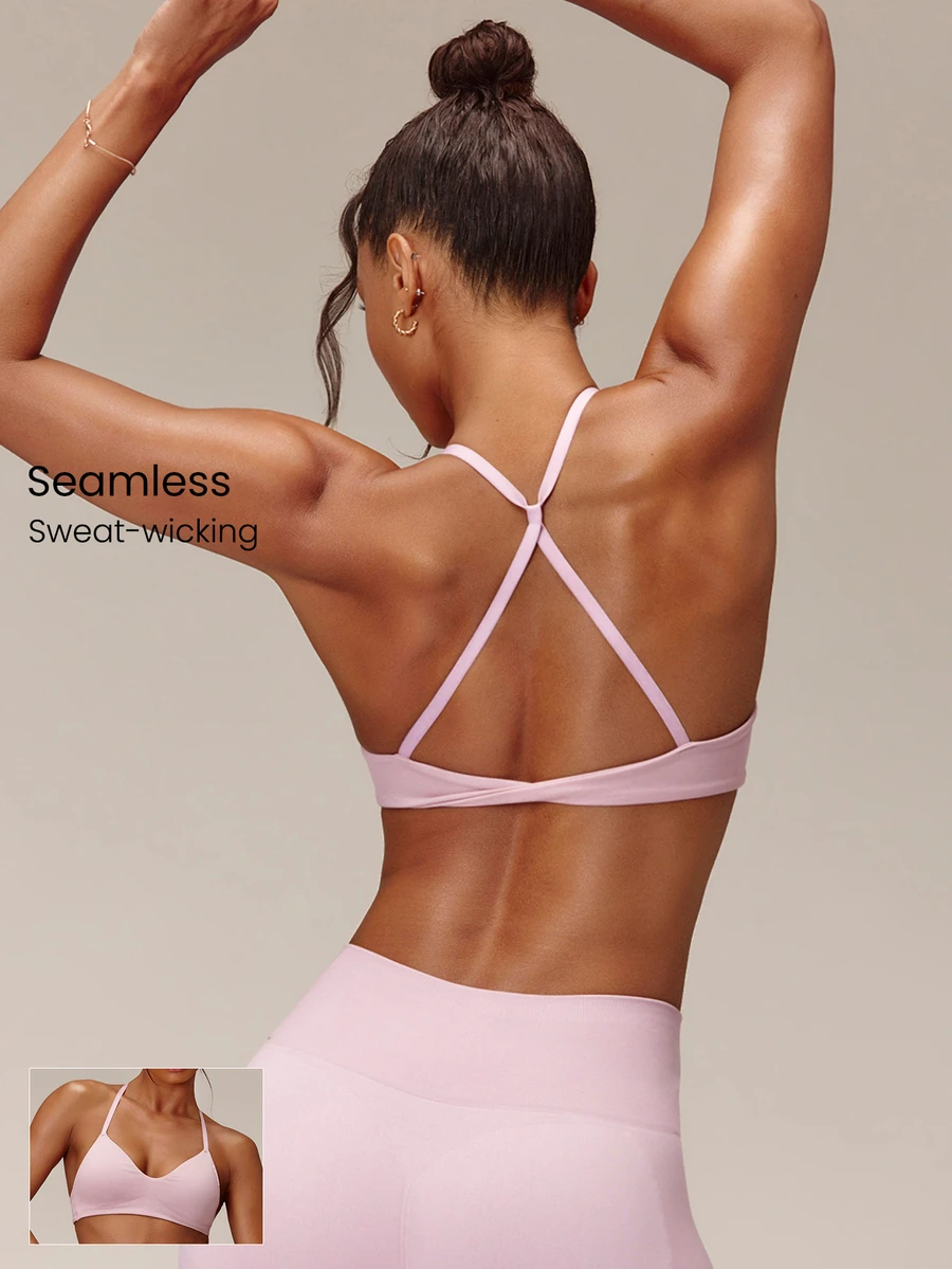 GLOWMODE Seamless Twist Of Summer Sports Bra With Twist Cross-Back Design & Removable Cups Low Impact Yoga Pilates Barre Lagree Studio Active Wear - Pink - View 1