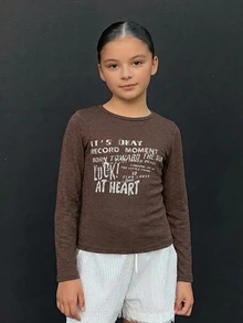 Hapijoa Tween Girl Letter Graphic Casual Daily Long Sleeve T-Shirt - Mocha Brown - View 5