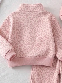 Girls' 2 Pieces Casual Fashion Spring/Autumn/Winter Set, Stand Collar Sweatshirt With Wide Leg Sweatpants, Sweet & Cool Leopard Print, Soft Fabric - Multicolor - View 3