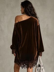LUMIGAL Dyed Asymmetrical Shoulder Lace Long Sleeve Velvet Dress For Women - Coffee - View 2