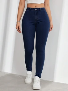 SHEIN ICON 大尺碼女款休閒舒適淺藍色彈性牛仔褲 - 藍色 - 查看 8