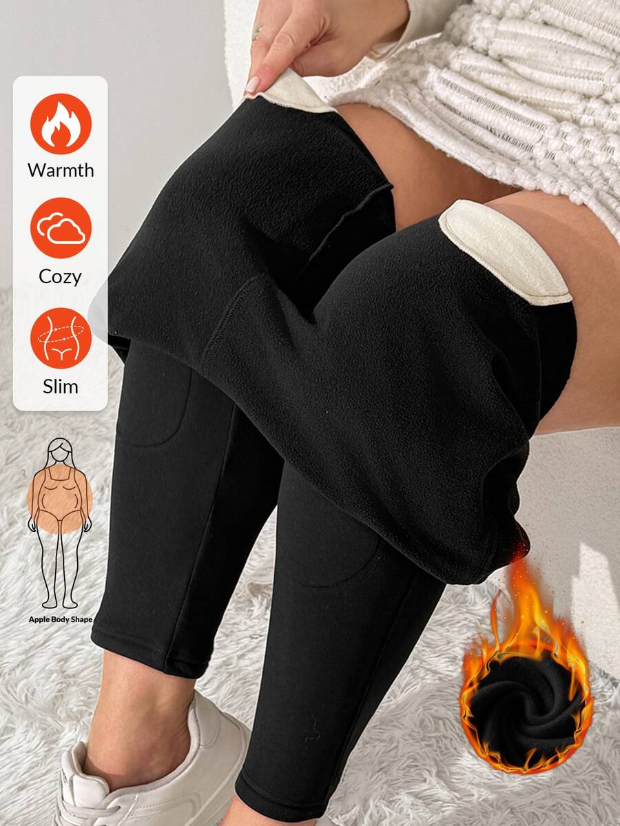 Shapeblank Women's Plus-Size Winter Casual Leggings – Stretchy, Fleece-Lined, Warm & Comfortable – Black With Knee Protection – Everyday Wear, Fall/Winter Bottom - Black - View 1