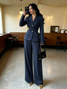 SHEIN Tall Spring New Blue Striped Elegant Commuter Style Waist-Cinching Flared Pants With Decorative Buckle And Pleated Design, 2 Pieces Set For Tall Women - Navy Blue - View 5