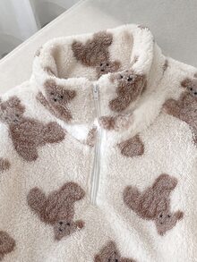 SHEIN Tween Girl Tween Girl Knitted Cartoon Bear Plush Stand Collar Half-Zip Patchwork Loose Casual Long Sleeve Autumn Winter Sweatshirt Tween Girl Kids - White - View 3