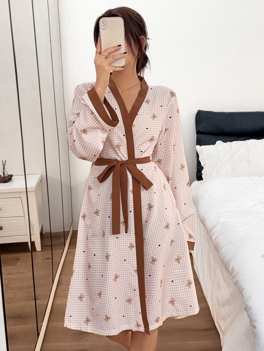 Napfluff Jubah Bertali Depan Motif Kotak-kotak Beruang Manis dan Imut, Pakaian Santai Kasual dengan Blok Warna yang Longgar - Khaki - View 1