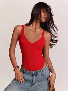 SHEIN BAE 女款純色V領休閒背心連身衣 - 紅色 - 查看 1